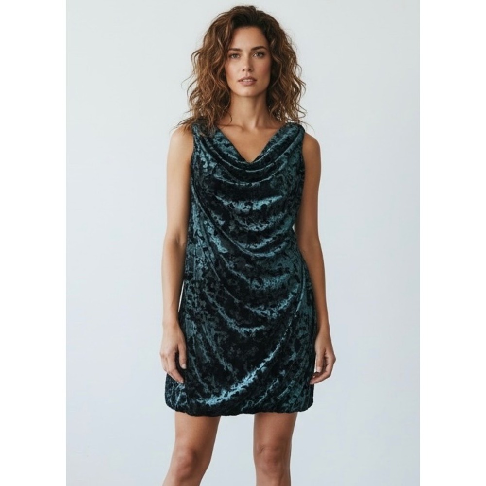 Nine West Elements of Style Teal Crushed Velvet Silk Blend Cowl Neck Dress 2